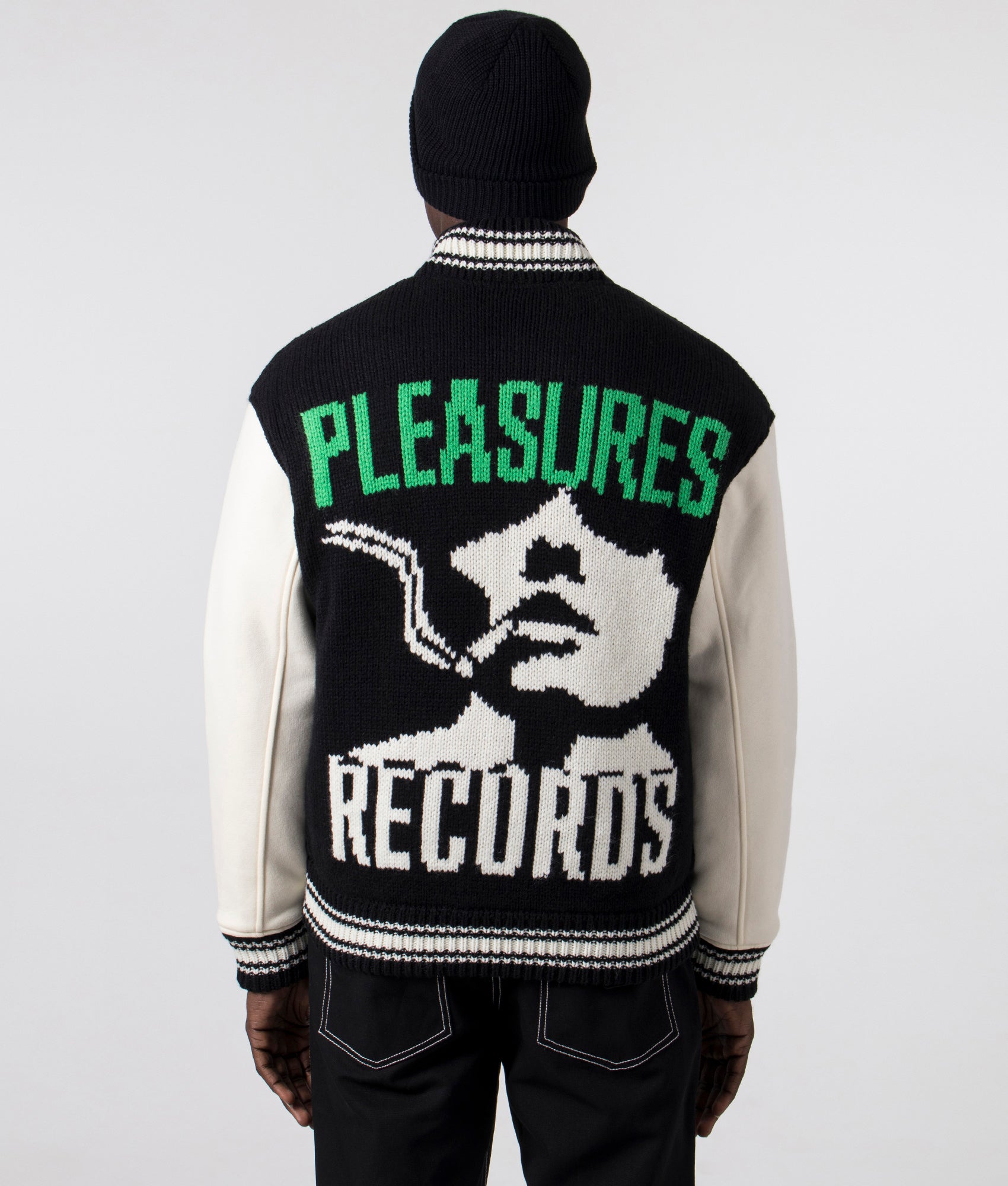 Smoke Knitted Varsity Jacket in Black | PLEASURES | EQVVS