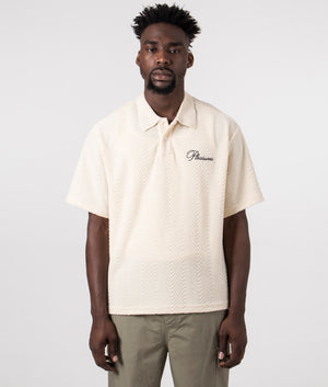 Zen Terry Boxy Polo in Off White by Pleasures. EQVVS Model Shot. 