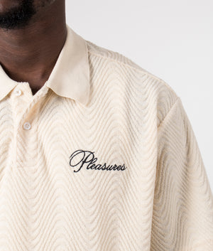 Zen Terry Boxy Polo in Off White by Pleasures. EQVVS Model Shot.