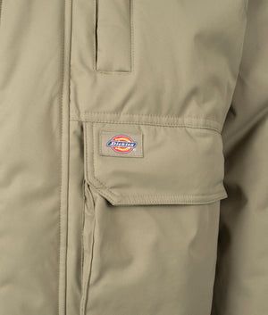 Dickies Plains Coat in Imperial Green at EQVVS Menswear. Detail Shot. 