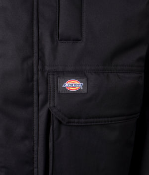 Dickies Plains Coat in Black, Waterproof. EQVVS Detail Shot