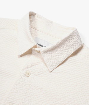 Oversized Seersucker Dress Shirt in White by MKI MIYUKI ZOKU. EQVVS Detail Shot.