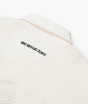 Oversized Seersucker Dress Shirt in White by MKI MIYUKI ZOKU. EQVVS Detail Shot.