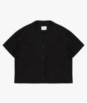 Oversized Tencel Vacation Shirt in Black by MKI MIYUKI ZOKU. EQVVS Front Flat Shot. 