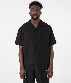 Oversized Tencel Vacation Shirt in Black by MKI MIYUKI ZOKU. EQVVS Front Model Shot.