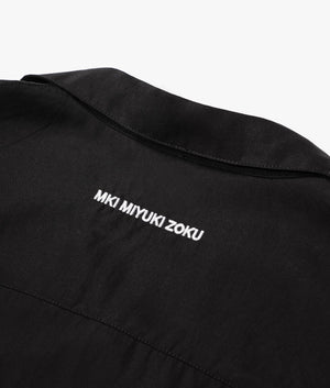 Oversized Tencel Vacation Shirt in Black by MKI MIYUKI ZOKU. EQVVS Detail Shot.