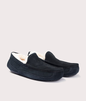 Ascot Slippers in Black by UGG. EQVVS Menswear side pair shot.