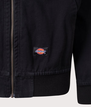 Dickies Duck Canvas Hooded Unlined Jacket in Black. Shot at EQVVS. Detail shot. 