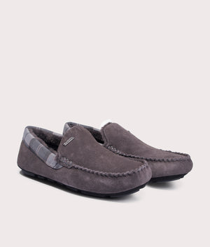 Barbour Lifestyle Monty Moccasin Slippers in Dark Grey Suede. At EQVSS Menswear. Front angle shot