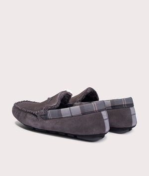 Barbour Lifestyle Monty Moccasin Slippers in Dark Grey Suede. At EQVSS Menswear. Back angle shot