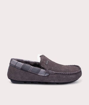 Barbour Lifestyle Monty Moccasin Slippers in Dark Grey Suede. At EQVSS Menswear. Side detail shot