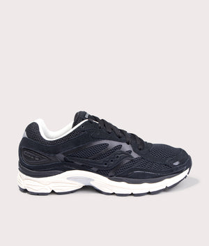 Progrid Omni 9 Sneakers in Black and Cream by Saucony at EQVVS. Side Angle Shot. 