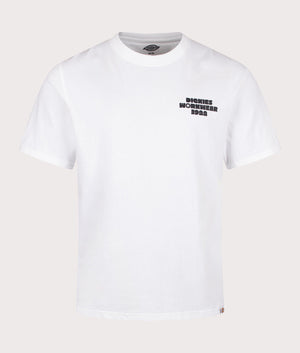 Dickies Victor T-Shirt in White with 817 Back Print. EQVVS Front Shot