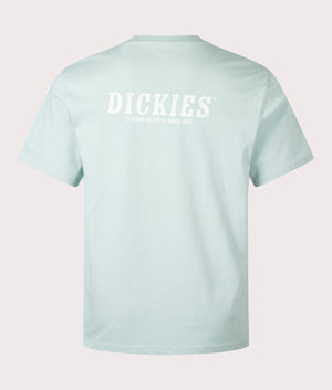 Dickies Script T-Shirt in Blue Surf, shot at EQVVS.  Reverse image. 