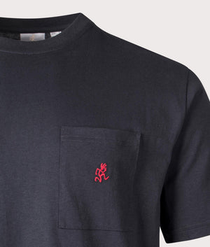 Gramicci One Point tee in vintage black with chest pocket logo at EQVVS menswear close detail logo shot 