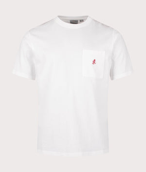 Gramicci One Point Tee in White with embroidered logo on chest pocket, 100% cotton at EQVVS menswear. Front shot. 