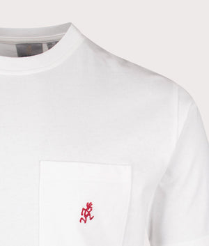 Gramicci One Point Tee in White with embroidered logo on chest pocket, 100% cotton at EQVVS menswear. Detailed logo shot. 