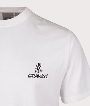 Gramicci One Point Logo Tee in White at EQVVS menswear. Detailed logo shot. 