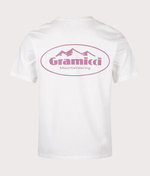 Gramicci Mountaineering T-shirt in white with front and back graphics, 100% organic cotton at EQVVS menswear. Front shot. 