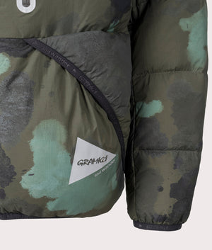 Camo Gramicci x and wander Down Jacket. Shot at EQVVS. Detail shot. 