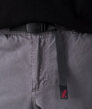 Gramicci Relaxed Fit Gramicci Pigment Dye Pants in Pigment Fog, 100% Organic Cotton. At EQVVS Menswear. Front waist close up shot