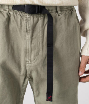 Gramicci Pigment Dye Pants in Pigment Sage Green, with integrated nylon belt, 100% cotton at EQVVS menswear. Belt detail shot. 