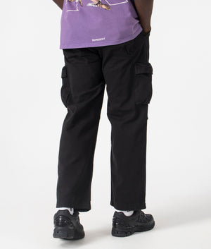 Gramicci Relaxed Fit Rig Cargo Pants in Black, 100% Organic Cotton. At EQVVS Menswear. Back shot.