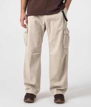 Gramicci Rig Cargo Pants in Pigment Oat with elasticated belt, 100% cotton. At EQVVS Menswear, front shot. 