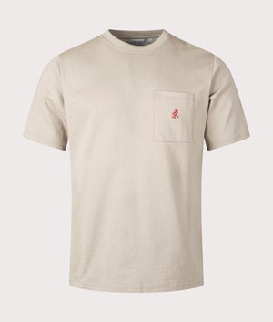 Gramicci One Point T-shirt in Smoky Sand, Beige with embroidered pocket logo, 100% cotton at EQVVS menswear. Front shot. 