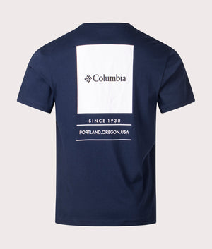 Columbia Barton Springs Graphic T-Shirt in Collegiate Navy. Shot at EQVVS.  Back shot. 