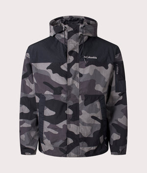 Columbia Challenger II Windbreaker in Black Camo. Shot at EQVVS.  Front shot. 