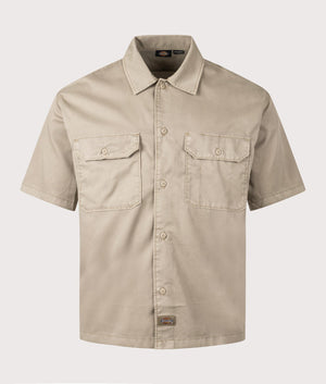 Dickies Unionville GD Work Short Sleeve Shirt in Desert Sand. Shot at EQVVS. Front shot. 