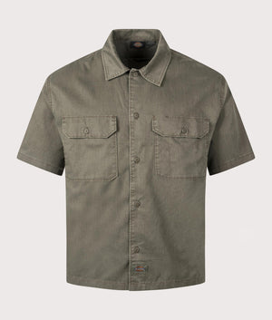 Dickies Unionville GD Work Short Sleeve Shirt in Military Green. Shot at EQVVS. Front shot. 