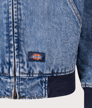 Dickies Hooded Denim Jacket in Rinsed Fade. Shot at EQVVS. Detail shot. 