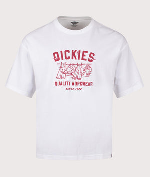 Dickies Laundry Boxy T-Shirt in White. Shot at EQVVS. Front shot. 