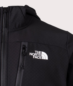 The North Face Softshell Jacket in Black. Shot at EQVVS.  Mannequin detail shot. 