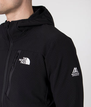 The North Face Softshell Jacket in Black. Shot at EQVVS.  Detail shot, model. 