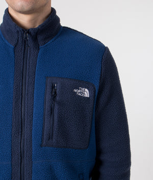 The North Face Yumiori Zip Through Fleece in Estate Blue. Shot at EQVVS. Detail model shot. 