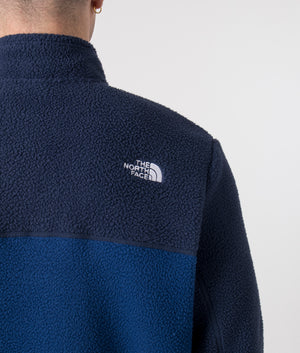 The North Face Yumiori Zip Through Fleece in Estate Blue. Shot at EQVVS. Detail model shot. 