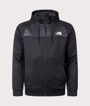 The North Face Reaxion Fleece Zip Through Hoodie in Black and Asphalt Grey at EQVVS. Front Shot.