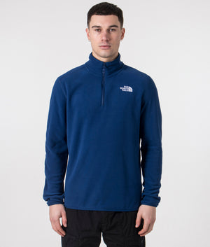 The North Face Quarter Zip 100 Glacier Fleece in Estate Blue. Shot at EQVVS. Front model shot. 