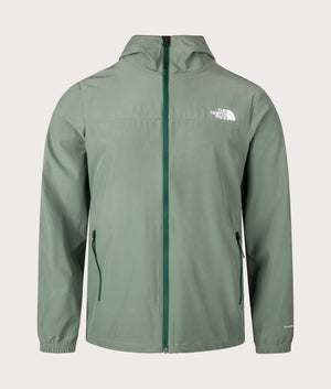 The North Face Mountain Athletic Hooded Wind Jacket in Duck Green. Front Shot at EQVVS.