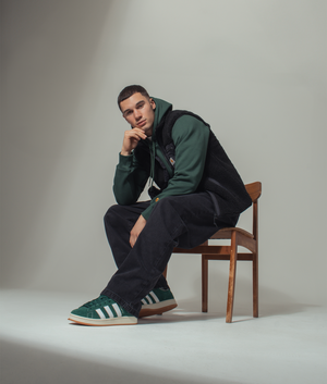 Adidas Campus 00s trainers in Dark Green/Footwear White/Off White. campaign shot