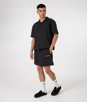 MKI Oversized Seersucker Vacation Shirt in Black. Full front angle model shot at EQVVS.