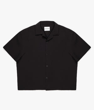 Oversized Seersucker Vacation Shirt in Black by MKI MIYUKI ZOKU. EQVVS Front Flat Shot. 