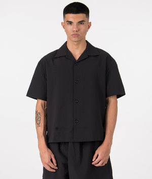 MKI Oversized Seersucker Vacation Shirt in Black. Front angle model shot at EQVVS.