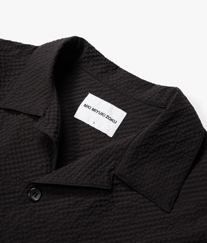 Oversized Seersucker Vacation Shirt in Black by MKI MIYUKI ZOKU. EQVVS Detail Shot.