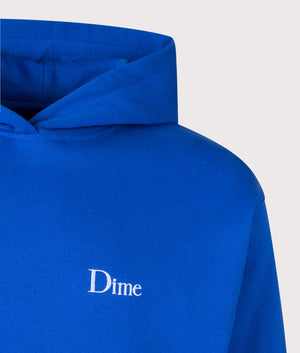 Classic Small Logo Hoodie in Navy Blue by Dime MTL at EQVVS. Detail Shot.