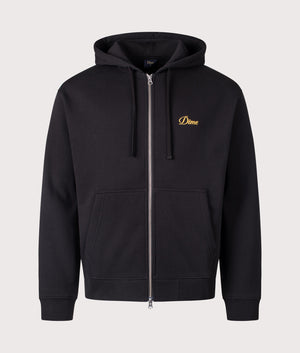 Cursive Small Logo Zip Through Hoodie in Black by Dime MTL at EQVVS. Front Angle Shot. 