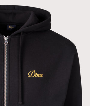 Cursive Small Logo Zip Through Hoodie in Black by Dime MTL at EQVVS. Detail Shot. 